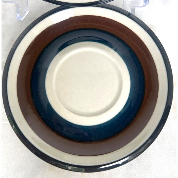 Set of 2 Arabia Finland Kaira 61 Saucer Plates 6" Brown Blue Stripes Vtg Ceramic - Picture 2 of 5